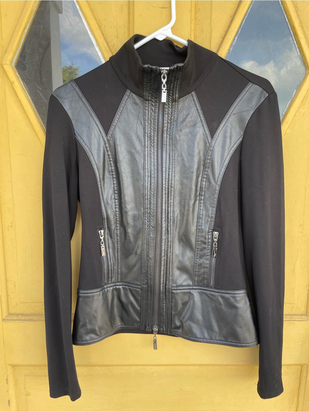 Joseph Ribkoff Black Faux Leather Panel Zip Jacket Size 6